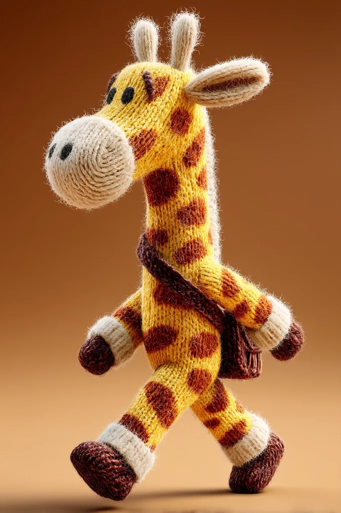 A charming, intricately knitted giraffe toy struts across a warm brown background.  Its yellow and brown patterned body is detailed with fluffy yarn, giving it a soft, cuddly appearance.  The giraffe carries a small brown satchel, adding to its endearing character.  The toy's expressive eyes and pose suggest a playful and adventurous spirit.