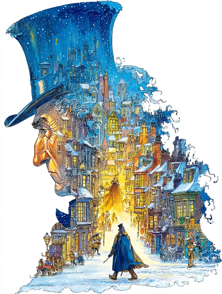A stylized illustration depicting Ebenezer Scrooge's profile superimposed over a vibrant, snowy 19th-century London street scene.  The silhouette of Scrooge's top hat forms the image's upper boundary, while the city's buildings and bustling Christmas Eve atmosphere fill his facial features. A lone figure, possibly a Ghost, stands in the snow-covered street, emphasizing the narrative of Dickens' "A Christmas Carol."  The artwork combines detailed architectural elements with a dynamic, almost watercolor-like, artistic style.