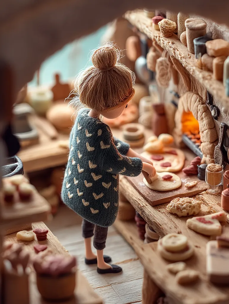 A miniature figure of a girl with a bun hairstyle, wearing a teal sweater adorned with small white hearts, is meticulously crafting pizzas in a charming, rustic miniature kitchen. The scene is richly detailed, showcasing shelves stocked with baked goods and a warm, inviting oven.  The overall aesthetic is whimsical and handcrafted, creating a cozy and enchanting atmosphere.