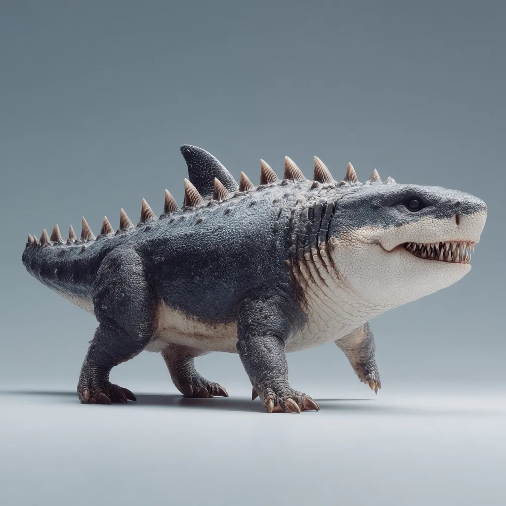 A digital rendering showcases a fantastical creature, a hybrid of a shark and a crocodile.  Its dark gray, textured skin is accented by a row of sharp spines along its back.  The creature has powerful legs and clawed feet, contrasting with its shark-like head and menacing teeth. It stands on a light gray surface against a muted background. The image highlights intricate detail in the creature's design and texture.