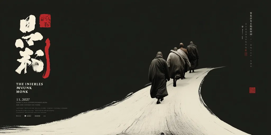 A movie poster for "The Inierles MvunK Monk," releasing November 11, 2027.  The poster features five monks walking away from the viewer down a curving, light-colored path against a dark background.  The title is presented in both English and stylized Chinese characters. The minimalist design evokes a sense of serenity and spiritual journey.