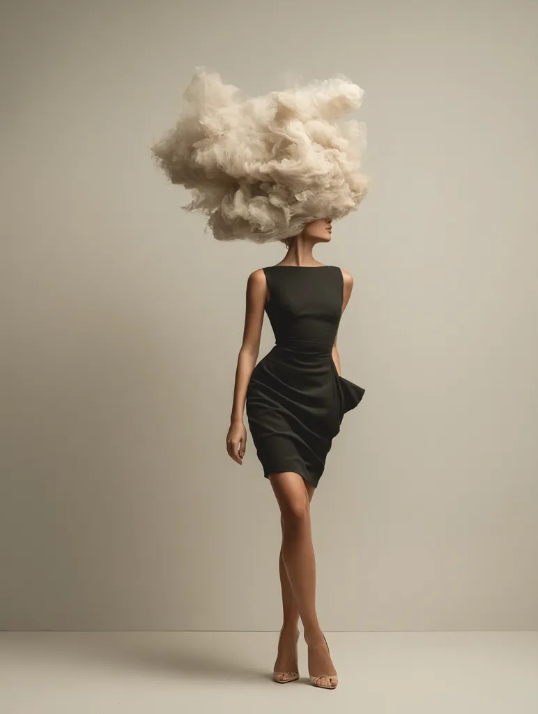 A fashion photograph depicts a woman in a little black dress.  A large, fluffy, cloud-like mass of fabric obscures her head and shoulders, creating a surreal and artistic effect. The model's pose is elegant, her gaze directed away from the camera. The overall tone is moody and sophisticated. The background is a neutral beige, drawing focus to the model and her unusual headpiece.
