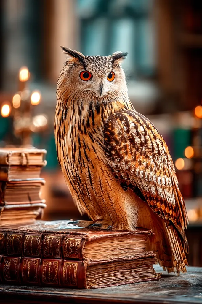 A majestic Eurasian eagle-owl, with its striking orange eyes and intricate brown and tan plumage, perches thoughtfully atop a stack of antique books. The owl's gaze is direct, its presence commanding. The aged books, with their gilded detailing, suggest a library or study setting, enhancing the image's sense of wisdom and history.  Soft, warm lighting creates a mystical ambiance.