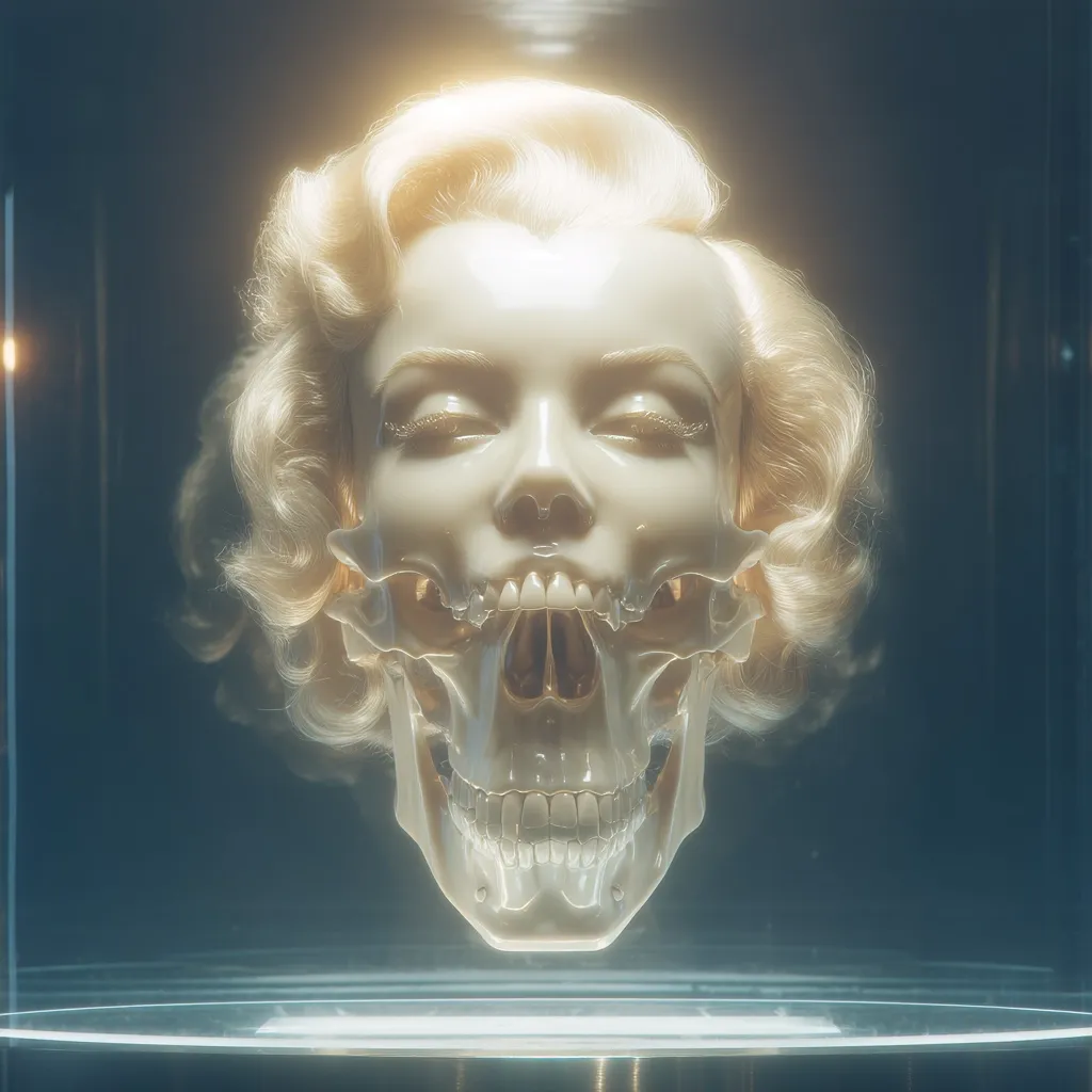 A surreal digital artwork depicts a skull with a Marilyn Monroe-esque blonde hairstyle.  The skull, rendered in a realistic style, is encased in a transparent display case, bathed in a soft, ethereal glow. The juxtaposition of the iconic beauty with the skeletal remains creates a striking and unsettling image, exploring themes of mortality and the ephemeral nature of fame.