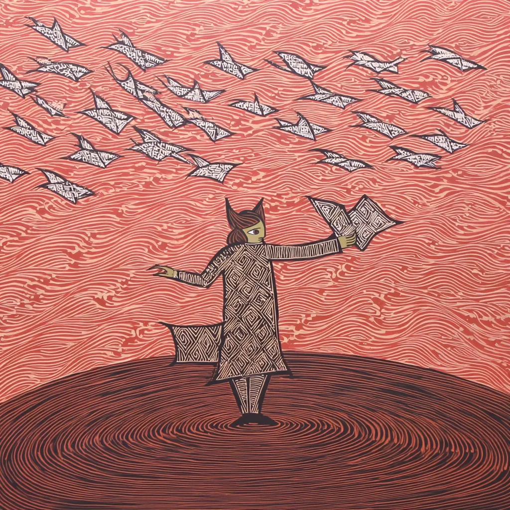 A stylized figure, possibly a woman with animal-like ears, stands on a swirling, concentric-circle ground.  They hold a paper bird, mirroring numerous other paper birds flying above in a salmon-pink sky. The artwork's style is reminiscent of linocut or woodblock printing, using dark lines against a reddish background to create a pattern effect. The overall mood is somewhat mystical or surreal.