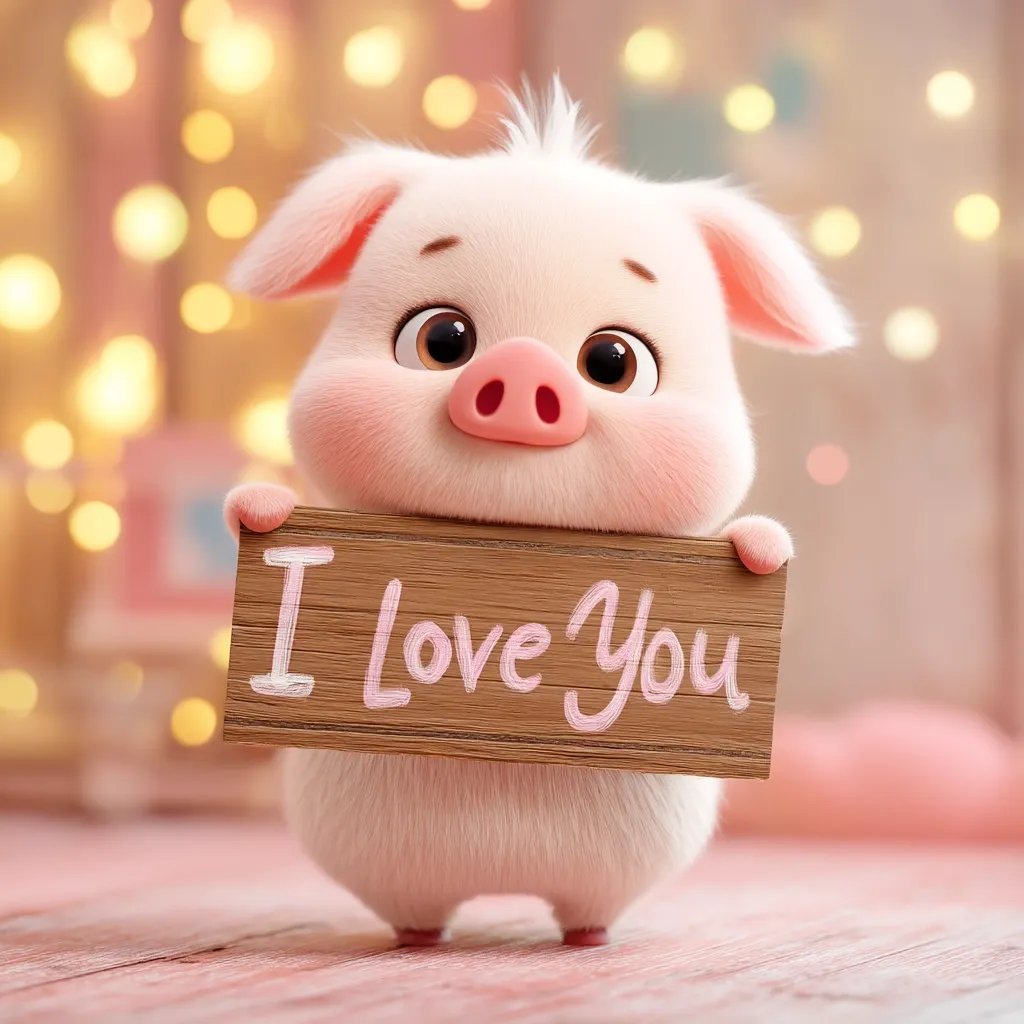 An adorable, cartoonish piglet holds a wooden sign reading "I Love You."  The pig is fluffy and pink with large, expressive eyes.  The background features soft, warm bokeh lights, creating a romantic and sweet atmosphere. The overall image is charming and evokes feelings of love and affection.