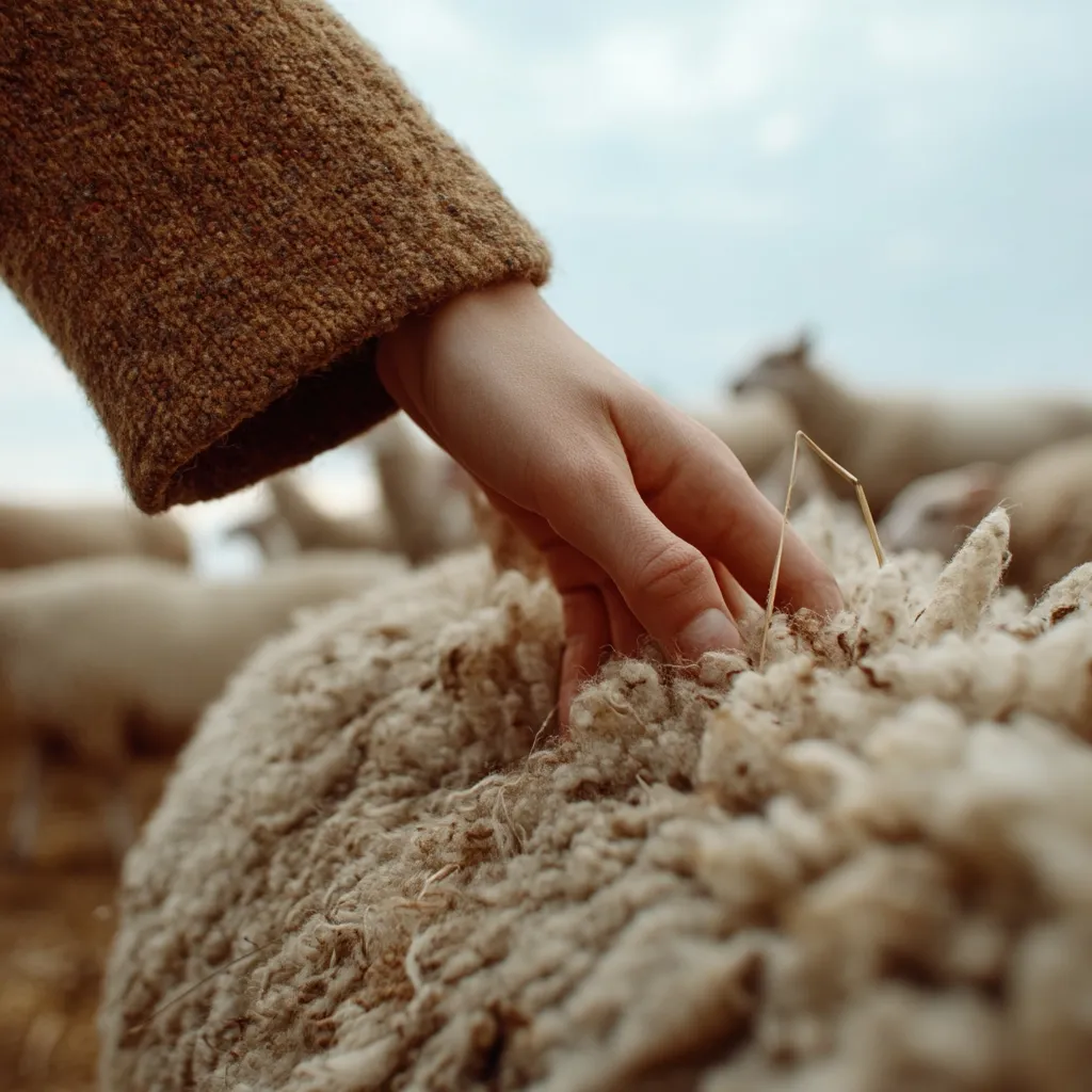 A hand gently touches the thick, fluffy fleece of a sheep. The hand is wearing a brown woolen sleeve.  The background is blurred, showing a flock of sheep in a field under a cloudy sky.  The image evokes a sense of rural life and the natural origins of wool.