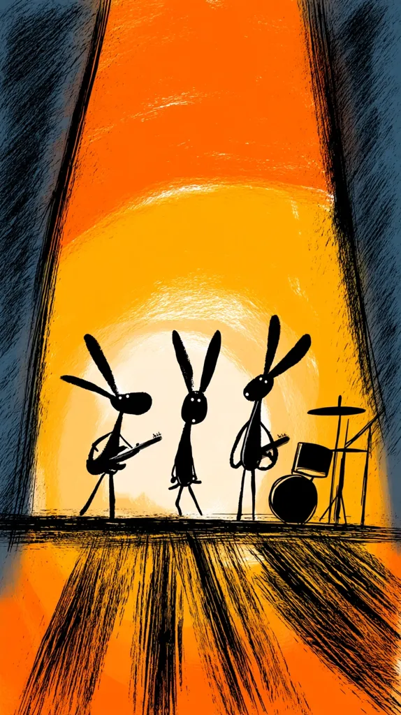 A stylized illustration depicts three rabbit-like figures performing on a stage bathed in warm, orange light.  Two appear to play instruments while the third is positioned near a drum set. The setting suggests a sunset or sunrise, enhancing the artistic mood. The figures are minimalist, black silhouettes against the vibrant backdrop. The overall style is expressive and slightly whimsical.