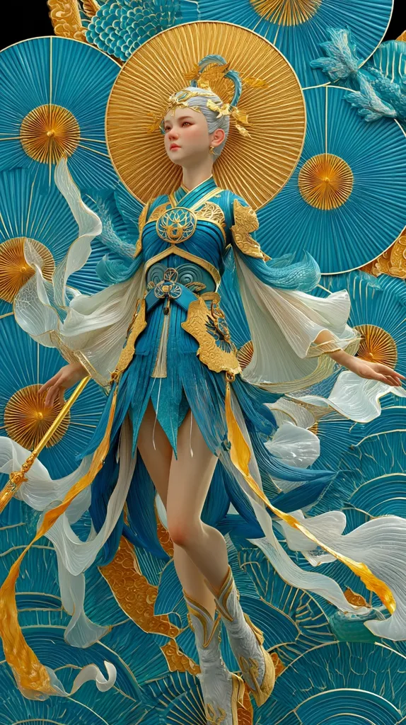 A digital rendering depicts a graceful female figure in a flowing teal and gold gown, adorned with intricate details.  She holds a golden staff, and her attire suggests an Asian-inspired fantasy aesthetic.  She is surrounded by large, ornate teal and gold parasols, creating a dramatic and ethereal backdrop. The overall style is highly detailed and visually striking.
