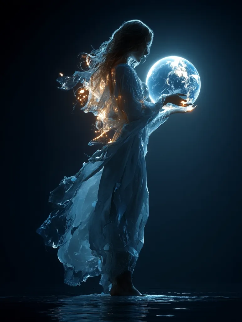 A ethereal woman, adorned in a flowing white gown, gently cradles a luminous blue globe resembling Earth.  Golden sparks emanate from her dress, adding to her mystical aura.  She stands in shallow water, reflecting the serene darkness of the surrounding environment. The scene evokes a sense of wonder and the delicate balance of nature.