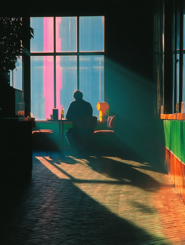 A lone figure sits at a table by a large window, bathed in the warm glow of sunlight streaming through.  The room is dark, the walls a deep teal, contrasting sharply with the bright, almost neon pink streak visible outside the window. The figure's back is to the viewer, their silhouette stark against the light.  The scene evokes a feeling of quiet solitude and contemplation.