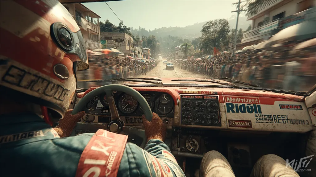 A first-person view from inside a vintage rally car, speeding through a narrow, crowded street.  The driver wears a worn helmet and racing suit, their hands gripping the steering wheel.  A large crowd lines the dusty road, blurred by the car's speed.  The dashboard is cluttered with gauges and sponsor stickers, adding to the sense of urgency and immersion.  The mountainous backdrop suggests a remote location.
