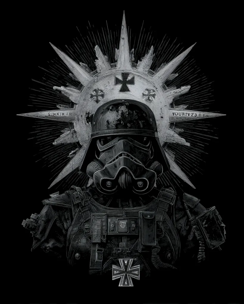 A monochrome illustration depicts a soldier, seemingly a fusion of a stormtrooper and a World War I German soldier, adorned with a radiant, sun-like halo bearing Iron Crosses.  The intricate detailing showcases a heavily armed figure, their gas mask and tactical vest suggesting a dystopian or war-themed context. The style is reminiscent of etching or a detailed pencil sketch, creating a stark and dramatic visual.  The overall effect is one of ominous power and militaristic symbolism.