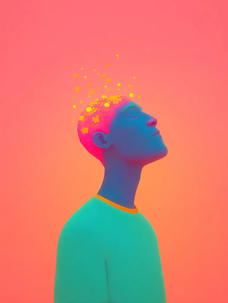 A stylized 3D rendering depicts a person's head and shoulders against a coral background.  The figure is teal, with bright pink and yellow flowers seemingly blooming from within their head, some floating upwards. The person's eyes are closed, their head tilted back, suggesting serenity or contemplation.  The overall aesthetic is vibrant and surreal.