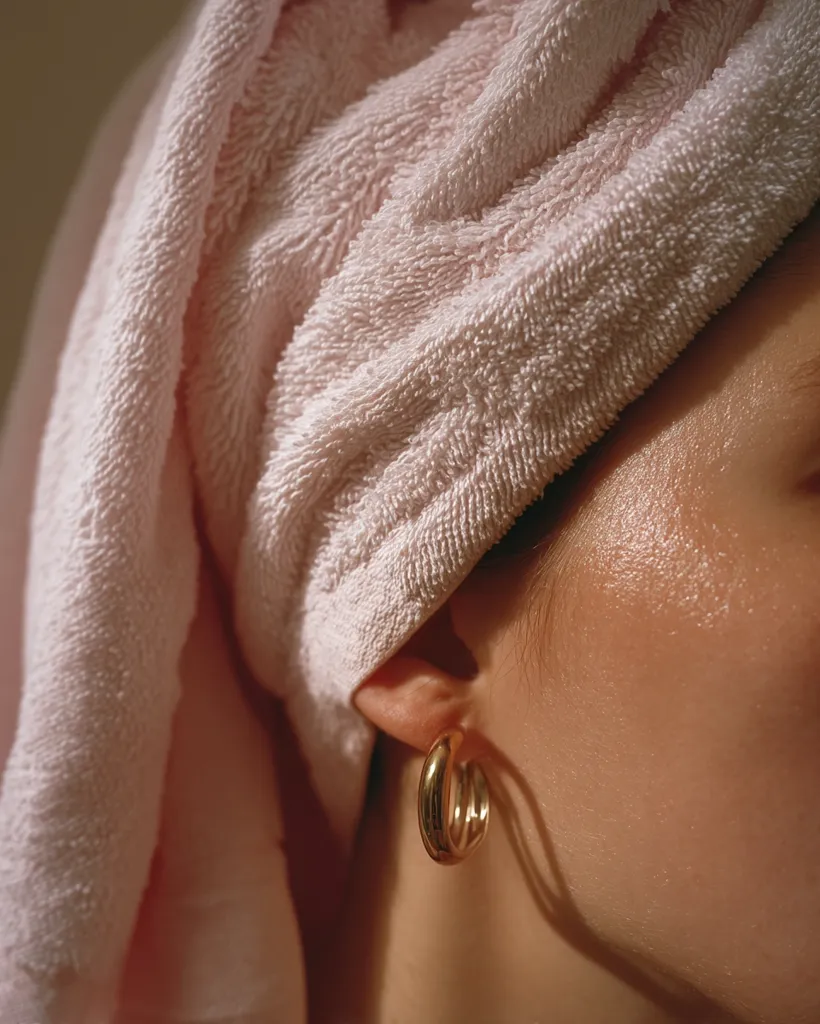 Close-up view of a person's ear and neck with a pink towel wrapped around their head.  The person is wearing gold hoop earrings.  The skin appears moisturized and the lighting is soft and warm. The focus is on the ear and earrings, with the towel softly blurred in the background.