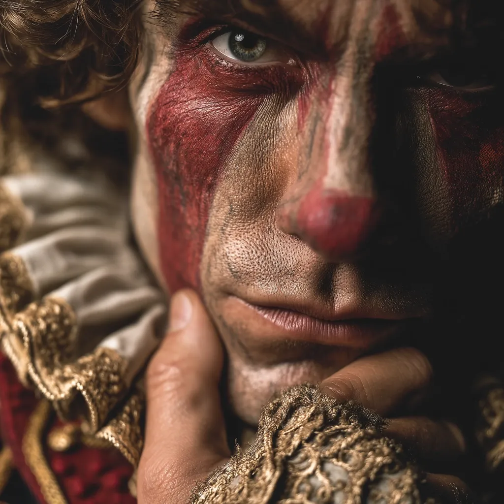 Close-up portrait of a man with elaborate red and white face paint, reminiscent of a historical jester or clown.  He wears a richly detailed, gold-trimmed ruff and ornate cuffs. His expression is serious and intense, his gaze directed slightly away from the camera. The image evokes a feeling of mystery and drama.