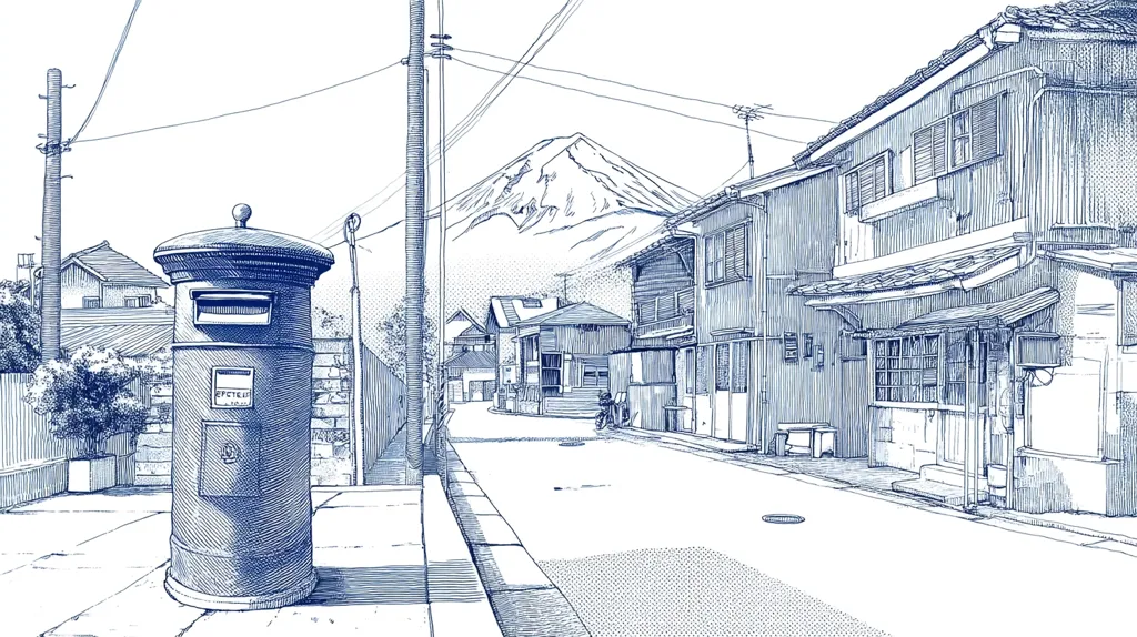 A detailed blue ink pen drawing depicts a quaint street scene. A vintage-style postbox stands prominently in the foreground.  Traditional Japanese houses line the street, their architecture showcasing intricate details.  Mount Fuji majestically rises in the background, adding a serene backdrop to the everyday urban scene. The overall style is reminiscent of a manga aesthetic, with precise lines and shading creating depth and texture.