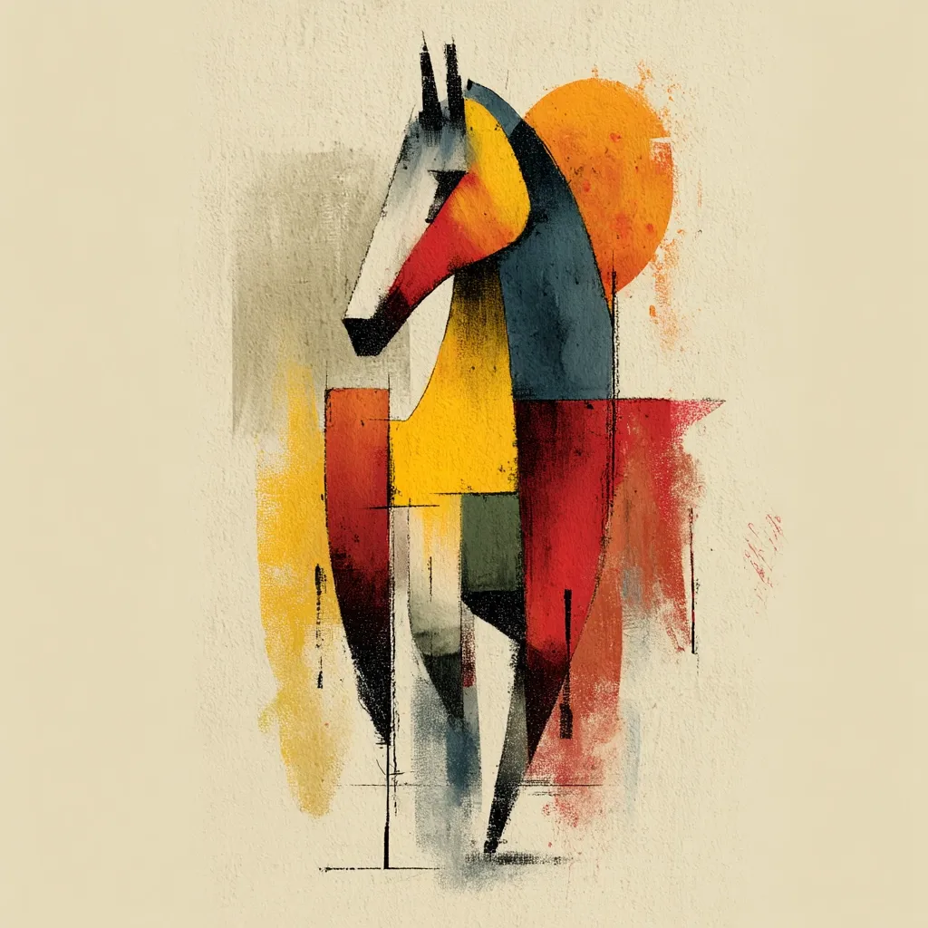 An abstract cubist painting depicts a horse.  The horse is rendered in bold geometric shapes and vibrant colors, predominantly yellow, red, and blue, against a muted beige background.  A stylized sun or orb is positioned behind the horse's head, adding to the artwork's evocative and symbolic nature. The texture is rough, mimicking a painted canvas.  The style suggests a blend of modern and perhaps slightly primitive influences.