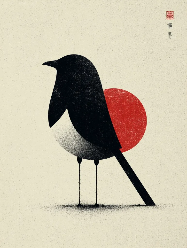 A minimalist illustration depicts a stylized bird, predominantly black with a white underbelly, positioned against a textured beige backdrop.  The bird's form is simplified, yet expressive. A red circle, suggesting a setting sun, is partially behind the bird, adding a warm contrast to the cool tones.  The style evokes a sense of Japanese art, with a subtle, textured quality to the image.  A small red stamp adds an Eastern aesthetic touch.