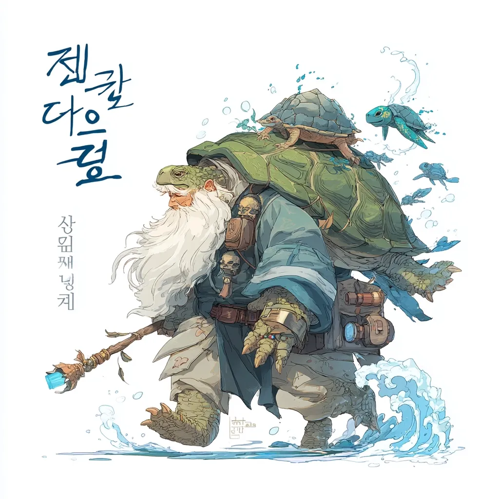 An illustration depicts a whimsical, elderly wizard with a long white beard. He's partially transformed into a turtle, carrying a large shell on his back, with smaller turtles perched atop. He wields a staff, and his clothing suggests a blend of mystical and practical elements.  Small, stylized waves surround his feet, enhancing the magical aquatic ambiance.  The overall style is vibrant and fantastical.