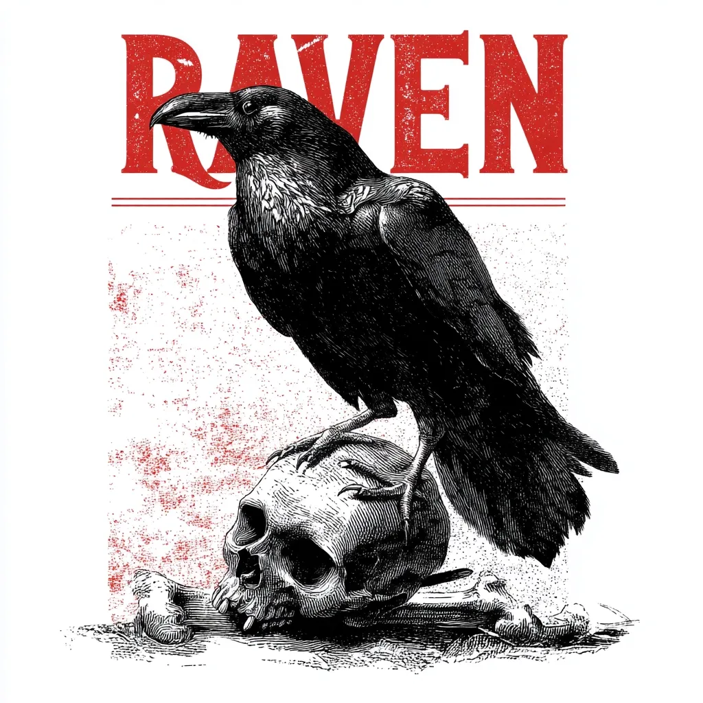 A detailed illustration depicts a raven perched atop a human skull, with a bone fragment nearby.  The word "RAVEN" is prominently displayed in red distressed lettering above the bird. The style is reminiscent of vintage woodcuts or engravings, with a gritty, textured background hinting at age and decay. The image evokes a dark, gothic aesthetic, suggesting themes of mortality and mystery.