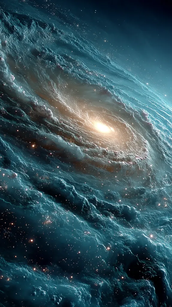 A breathtaking view of a swirling galaxy, rendered in deep teal and azure hues.  The image depicts a cosmic scene with a bright core at the center of the spiral, surrounded by textured clouds of gas and dust.  Distant stars twinkle against the dark background, adding depth to the mesmerizing celestial formation.  The overall effect is one of awe-inspiring beauty and immense scale.