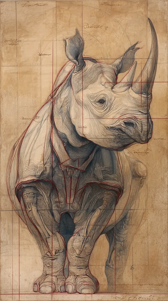 A detailed anatomical drawing of a rhinoceros, rendered in sepia tones on parchment-like paper.  Red lines overlay the image, suggesting a grid or anatomical dissection.  The artist meticulously depicts the musculature and skeletal structure beneath the rhino's thick hide, creating a striking blend of scientific observation and artistic skill.  Labels in a cursive script are visible, possibly indicating anatomical regions.