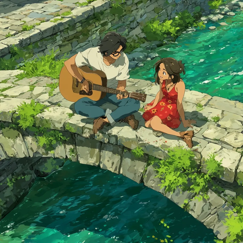 A young man plays an acoustic guitar for a young woman on a stone bridge over a vibrant green stream.  The man wears glasses and a white shirt, while the woman is in a red floral dress. Lush green plants frame the idyllic scene, bathed in sunlight.  The artwork features a painterly style with soft, vibrant colors.