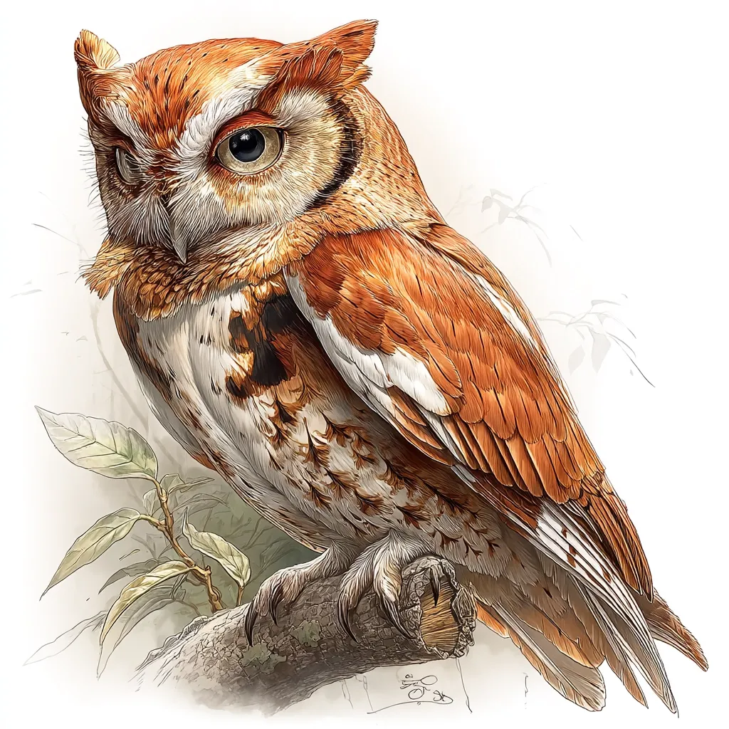 A detailed illustration showcases a Eastern Screech Owl, perched on a branch.  Its plumage is predominantly reddish-brown, with subtle variations in tone and lighter markings.  The owl's large, expressive eyes are captivating, and its sharp talons firmly grip the branch.  Delicate leaf details in the background complete the image, creating a naturalistic and artistic representation of the bird.