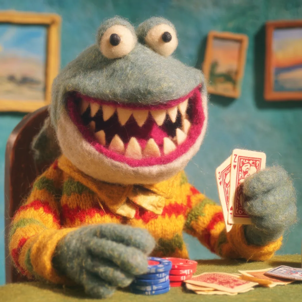 A whimsical felt puppet, resembling a friendly monster with a large toothy grin, sits at a table playing cards.  Wearing a colorful knitted sweater, it holds a pair of cards and a stack of poker chips.  The background features small framed paintings, creating a cozy, artistic setting. The puppet's expressive eyes and playful pose suggest a lighthearted and fun scene.