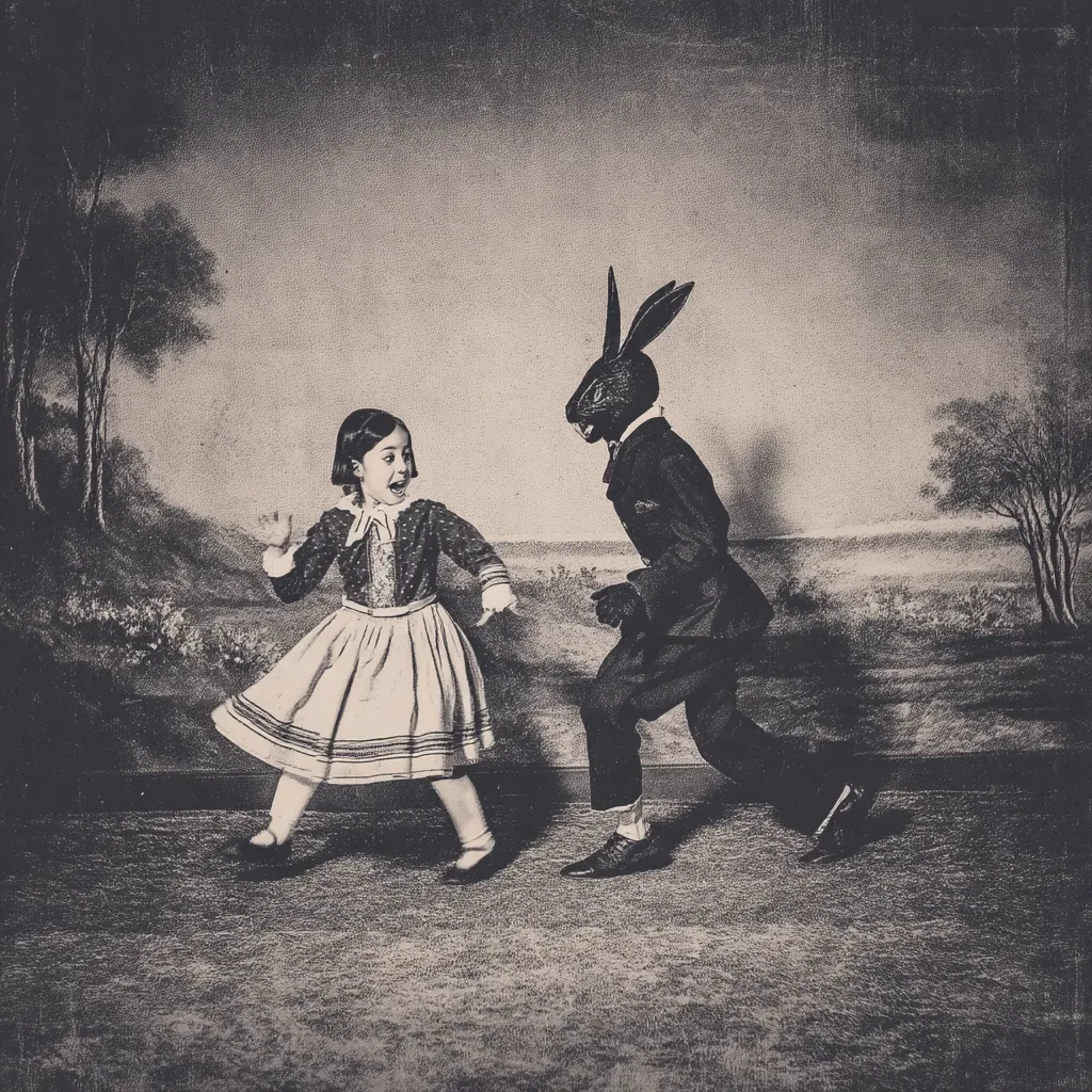 A black and white photograph captures a whimsical scene. A young girl in a Victorian-style dress joyfully runs towards a figure in a rabbit mask and dark attire.  The backdrop is a painted landscape, evoking a fairytale or dreamlike atmosphere. The image's sepia tones and textured background enhance its vintage, almost haunting quality.  The contrast between the child's innocence and the rabbit's mysterious presence creates a captivating visual narrative.