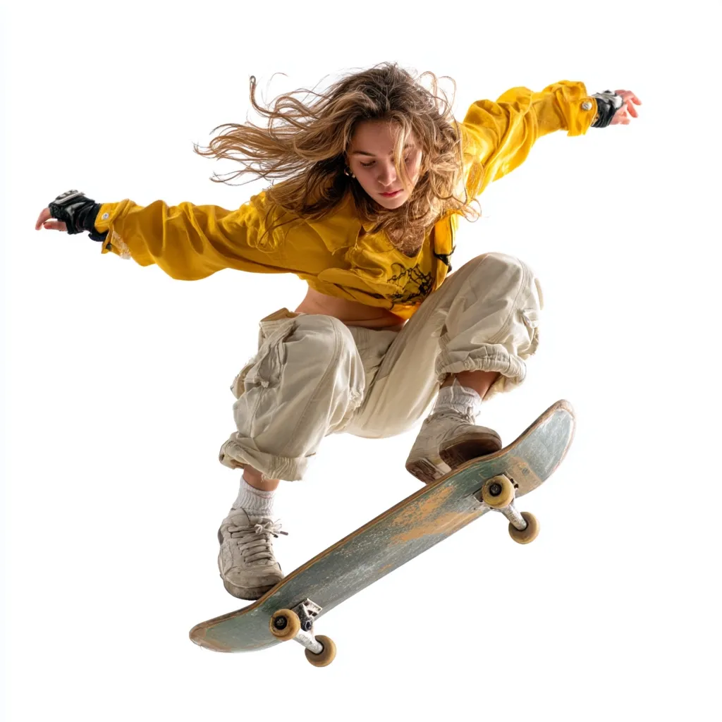 A young woman with long, flowing blonde hair performs a skateboarding trick against a white background.  She's wearing a yellow shirt, light beige cargo pants, and white sneakers.  Her body is airborne, her legs bent, showcasing her dynamic movement and control over the skateboard.  The image captures a moment of athleticism and youthful energy.