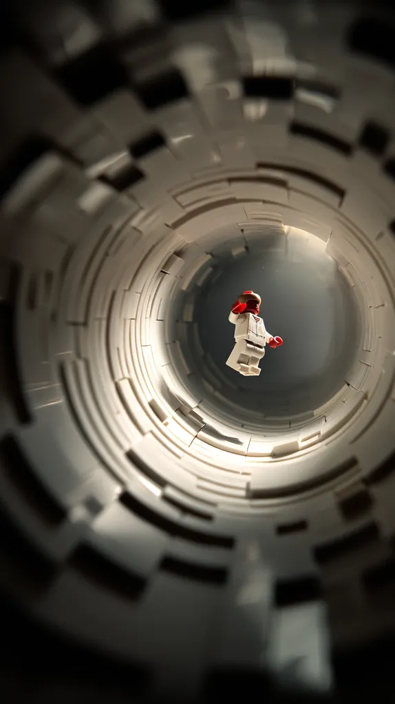 A Lego minifigure, dressed in white with red accents, floats in the center of a spiraling, cylindrical structure constructed from Lego bricks. The perspective is from within the cylinder, looking upwards towards the minifigure, creating a sense of depth and confinement.  The white Lego bricks of the structure contrast sharply with the dark background, highlighting the miniature figure at the center of the composition.