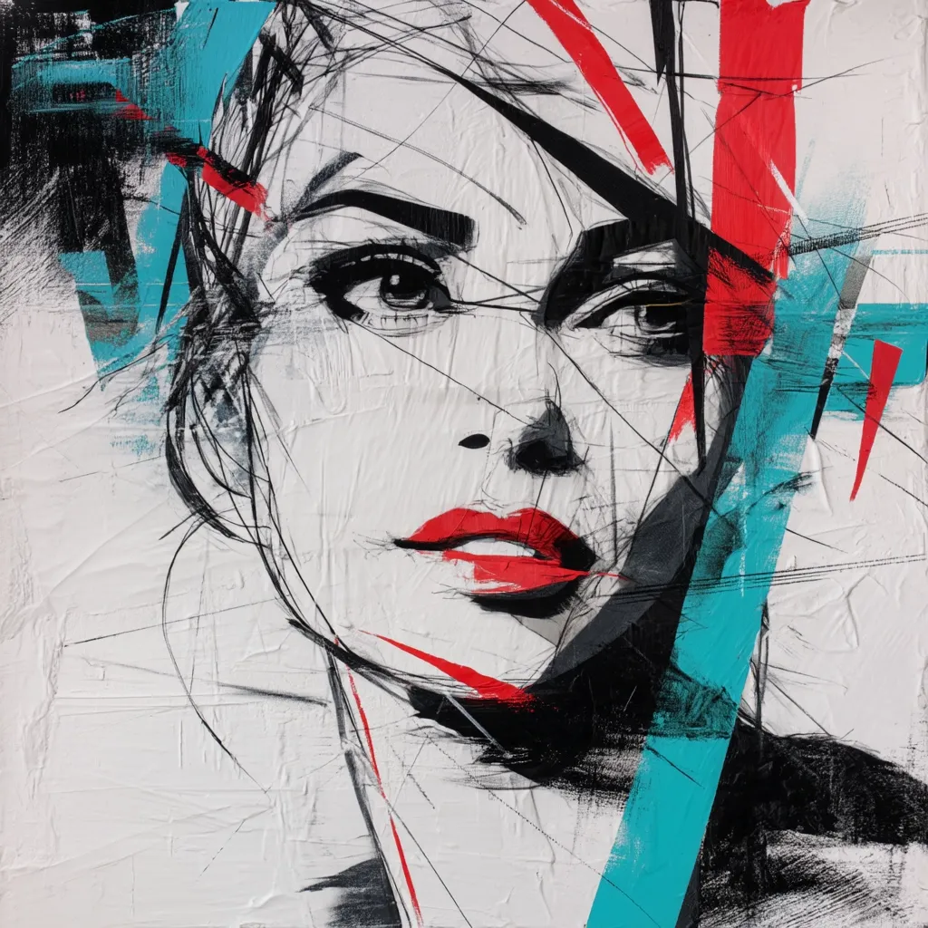 A stylized portrait of a woman's face dominates the canvas, rendered in a bold, abstract style.  Black ink lines create a sense of movement and depth, while vibrant splashes of red and teal accentuate features like her lips and eyes.  The textured white background adds a layer of complexity, suggesting a raw, expressive approach.  The overall effect is dynamic and energetic, capturing a fleeting moment of emotion.