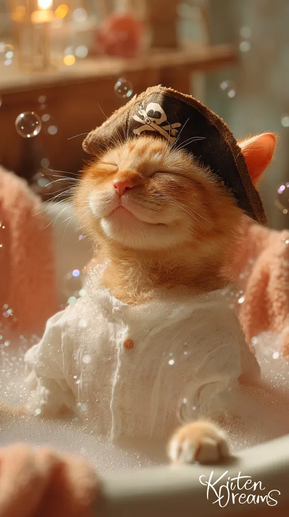 An orange tabby cat, wearing a pirate hat and a white shirt, blissfully relaxes in a bubble bath.  Its eyes are closed, and it has a serene expression.  Soap suds surround the cat, creating a whimsical and charming scene.  The background is blurred, focusing attention on the adorable feline enjoying its bath time.