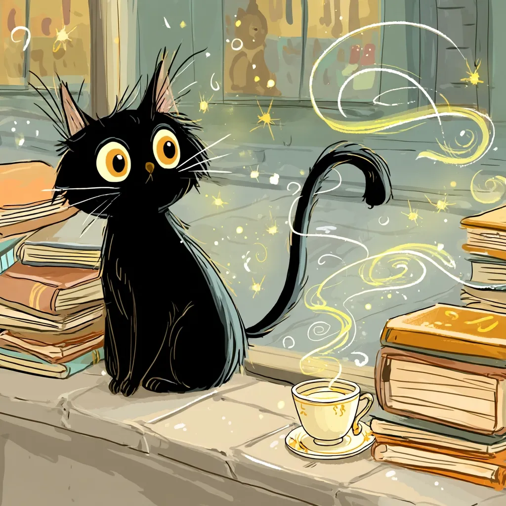 A whimsical illustration features a black cat with large, expressive eyes sitting on a windowsill beside stacks of books.  Magical golden sparkles swirl around the cat and a steaming cup of tea. The scene evokes a cozy, enchanting atmosphere, possibly in a bookstore or library. The cat appears curious and charming, adding to the overall whimsical tone.