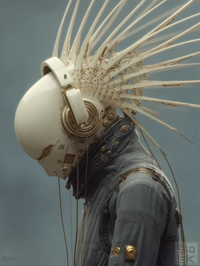 A digital artwork depicts a futuristic figure wearing a white helmet with integrated headphones and an elaborate, spiky, off-white headpiece adorned with gold accents. The figure is clad in a dark gray, textured jumpsuit with additional gold details, suggesting a blend of technological and organic elements. The overall aesthetic is one of cyberpunk or science fiction, emphasizing detail and intricate design. The mood is somber and contemplative.