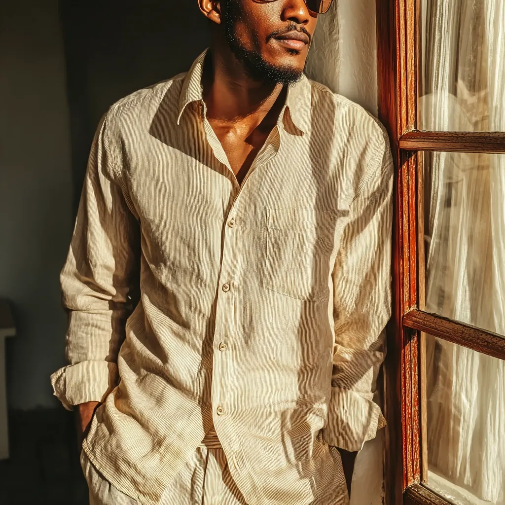 A dark-skinned man stands near a window, bathed in sunlight. He wears a light beige, finely striped linen shirt and matching pants, his hands casually in his pockets.  The shirt is long-sleeved and unbuttoned slightly at the collar, revealing a glimpse of his chest.  His sunglasses rest atop his head, and he gazes pensively away from the camera. The warm light casts shadows on the fabric, highlighting its texture.