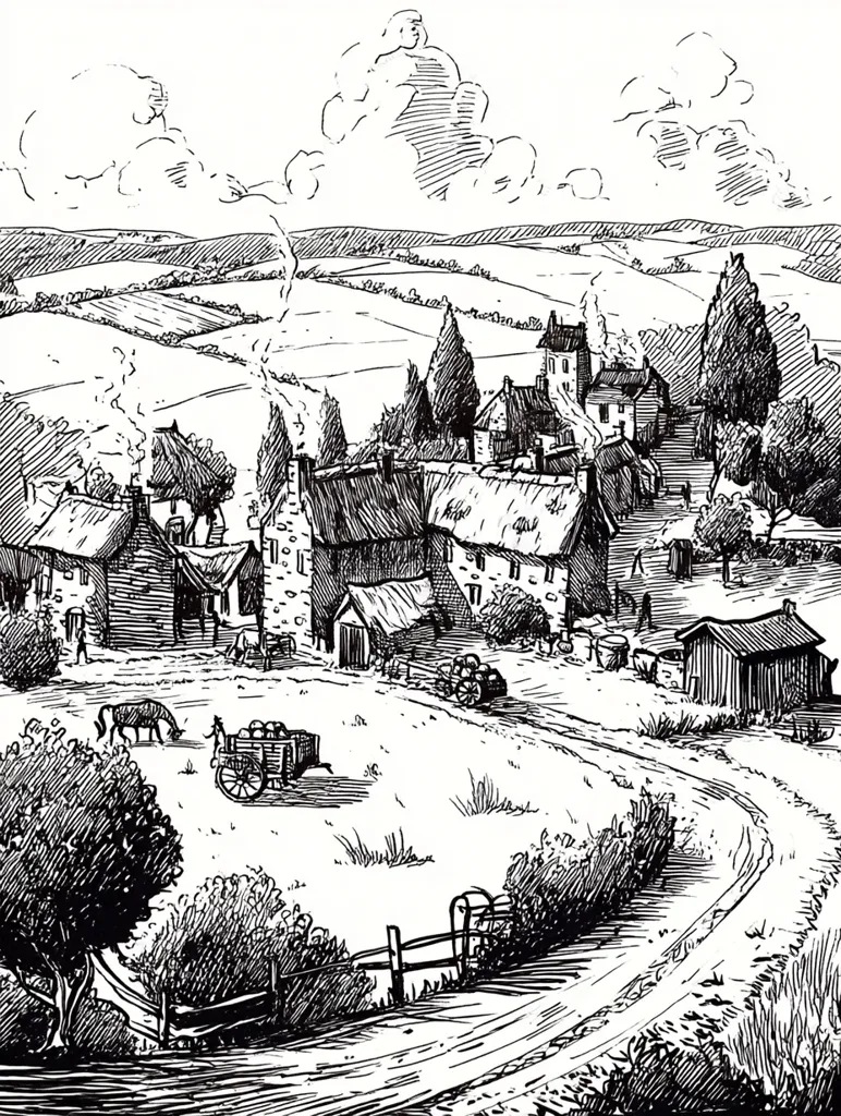 A black and white ink drawing depicts a quaint village nestled in rolling hills.  Thatched-roof houses cluster together, smoke curling from chimneys. A horse-drawn cart laden with goods travels along a winding road.  The landscape is peaceful, with fields and trees surrounding the village. The style suggests a nostalgic or historical representation of rural life.  Fluffy clouds drift across a clear sky.