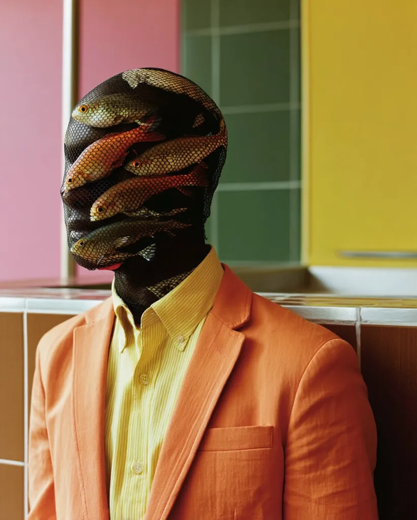 A person wears an orange blazer over a yellow shirt. Their head is covered by a black net containing several small, colorful fish.  The background features a wall with pink, green, and yellow sections, suggesting a kitchen setting. The image is striking and surreal, juxtaposing formal attire with an unconventional head covering.