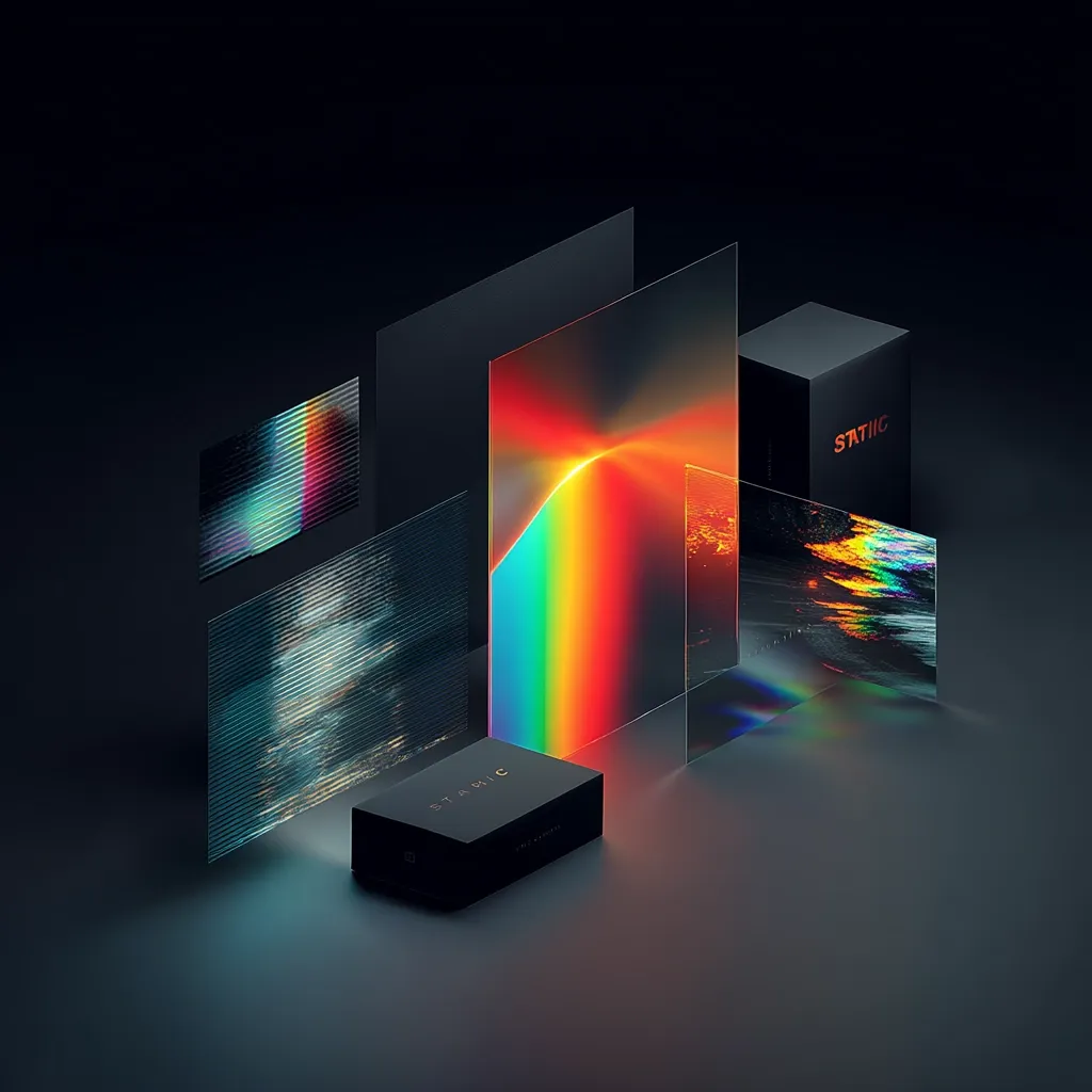 A dark, abstract composition features a black box labeled "STATIC" surrounded by rectangular panels displaying distorted, colorful imagery.  The panels evoke a sense of glitch art or visual noise.  A prominent, vibrant rainbow effect is projected onto one panel, adding a striking contrast to the overall dark aesthetic. The scene suggests a product launch or artistic display related to digital media or visual effects.
