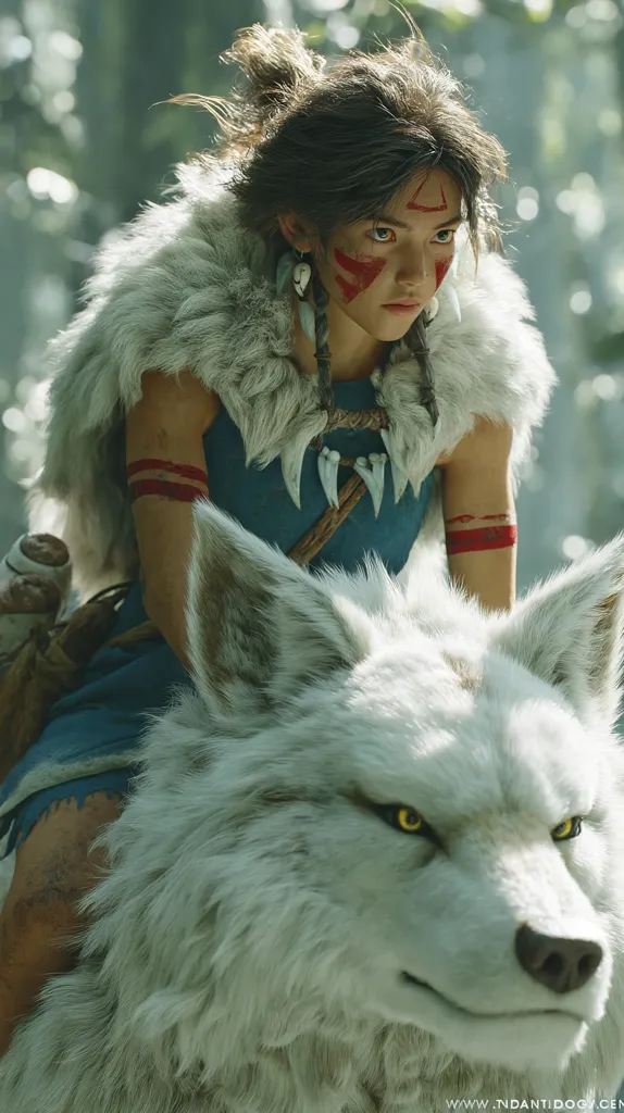 A young woman with red markings on her face and arms sits atop a large, fluffy white wolf.  She wears a fur-trimmed tunic and appears serious. The setting is a lush, green forest.  The image suggests a fantasy or mythological theme, possibly inspired by Studio Ghibli animation. The overall mood is one of quiet strength and connection between the woman and the wolf.