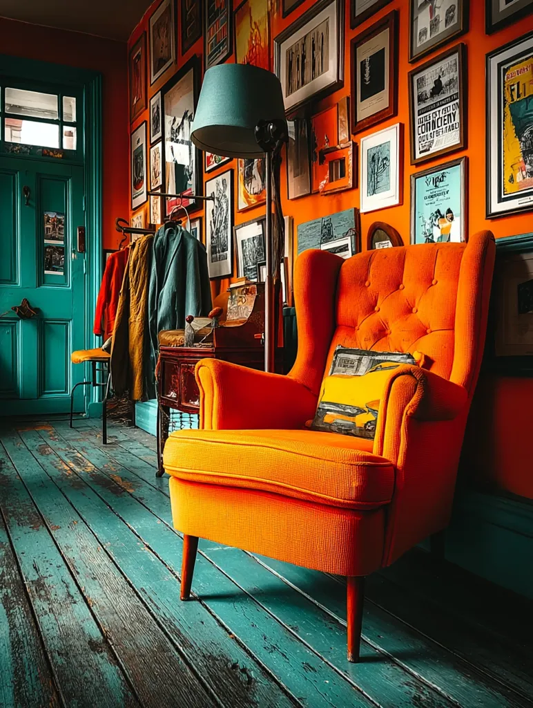 A vibrant orange armchair sits in a hallway with teal-painted wooden floors.  The walls are a rich orange, densely adorned with framed pictures and posters, creating a gallery wall effect.  A teal door and various coats hanging on a rack add to the eclectic and colourful atmosphere. A floor lamp stands beside the chair, casting a warm glow. The overall impression is one of cozy, artistic charm.