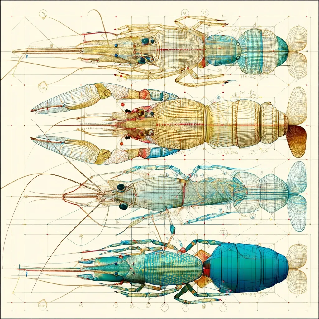 Four detailed illustrations of crustaceans, possibly shrimp or crayfish, are arranged vertically. Each creature is rendered in a wireframe style, overlaid on a gridded background suggesting a blueprint or anatomical study.  The colors blend warm yellows and oranges with cool blues and greens, creating a striking visual contrast.  The intricate detail showcases the organisms' exoskeletons and appendages. The style blends scientific precision with artistic expression.