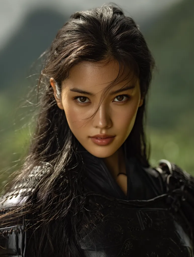 A young woman with long, dark hair stares intently at the camera.  Her makeup is subtly applied, enhancing her striking features. She wears a dark, textured garment resembling armor, suggesting a warrior or character from a fantasy setting. The background is blurred, focusing attention on the subject's captivating gaze and attire. The overall mood is one of strength and mystery.
