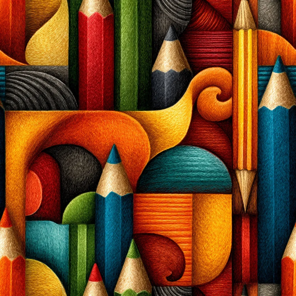 A vibrant, abstract artwork featuring numerous colored pencils arranged in a complex geometric pattern.  The pencils are rendered with a textured, almost woven appearance, creating a sense of depth and dimensionality.  Warm and cool tones are interwoven, forming swirling shapes and organic curves against sharp, linear elements.  The overall effect is one of dynamic energy and creative expression.