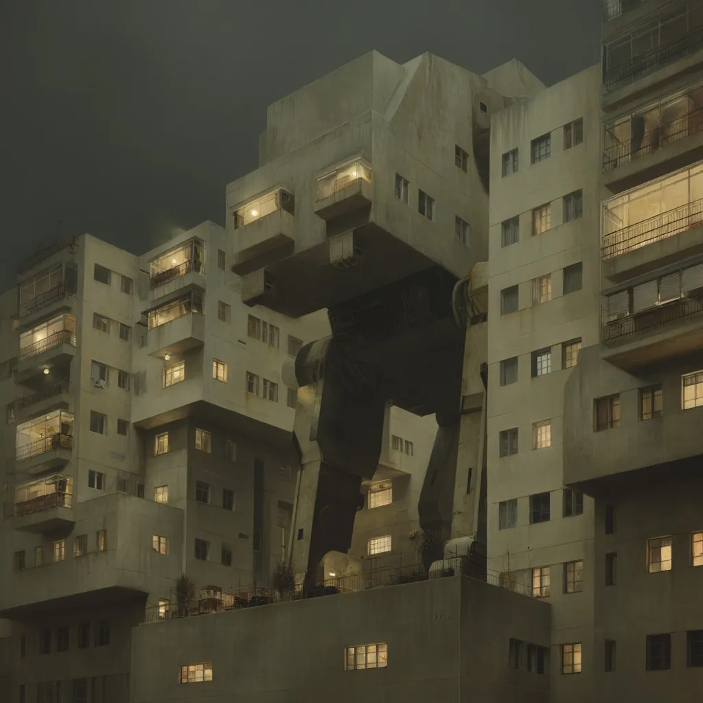 A surreal cityscape at night features a colossal, mechanized structure integrated into an apartment building. The building's design is unconventional, with stacked, boxy units and illuminated windows suggesting habitation. The giant mechanical legs and body of the structure form a striking contrast, creating a blend of futuristic technology and residential architecture. The overall tone is muted, with a dark, atmospheric mood.