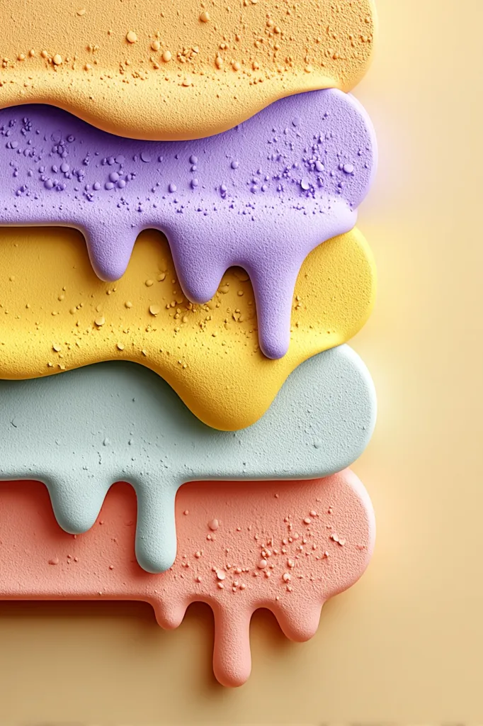 A stylized image depicts layers of pastel-colored paint, reminiscent of melting ice cream.  The colors—pale yellow, lavender, light blue, and peach—drip downwards in a visually appealing, textured arrangement.  Small specks are scattered across each layer, adding to the overall tactile and slightly granular appearance. The background is a muted peach tone.