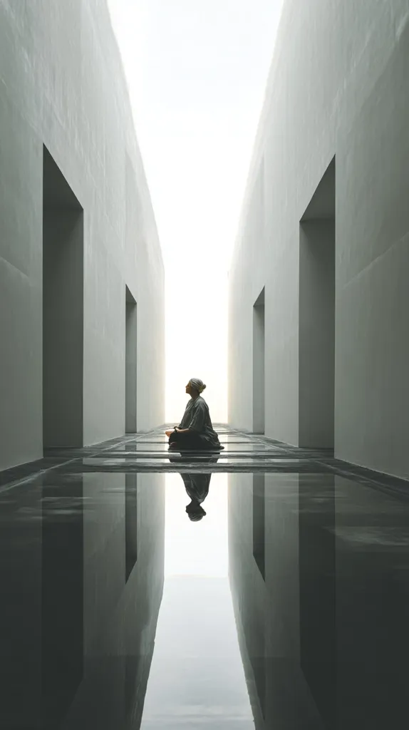 A person sits cross-legged in a minimalist, reflective hallway.  The architecture is stark, with clean lines and pale walls, creating a serene and contemplative atmosphere.  The figure is silhouetted against the bright light at the end of the hallway, their reflection mirrored perfectly in the polished floor. The overall image evokes a sense of peace and solitude.
