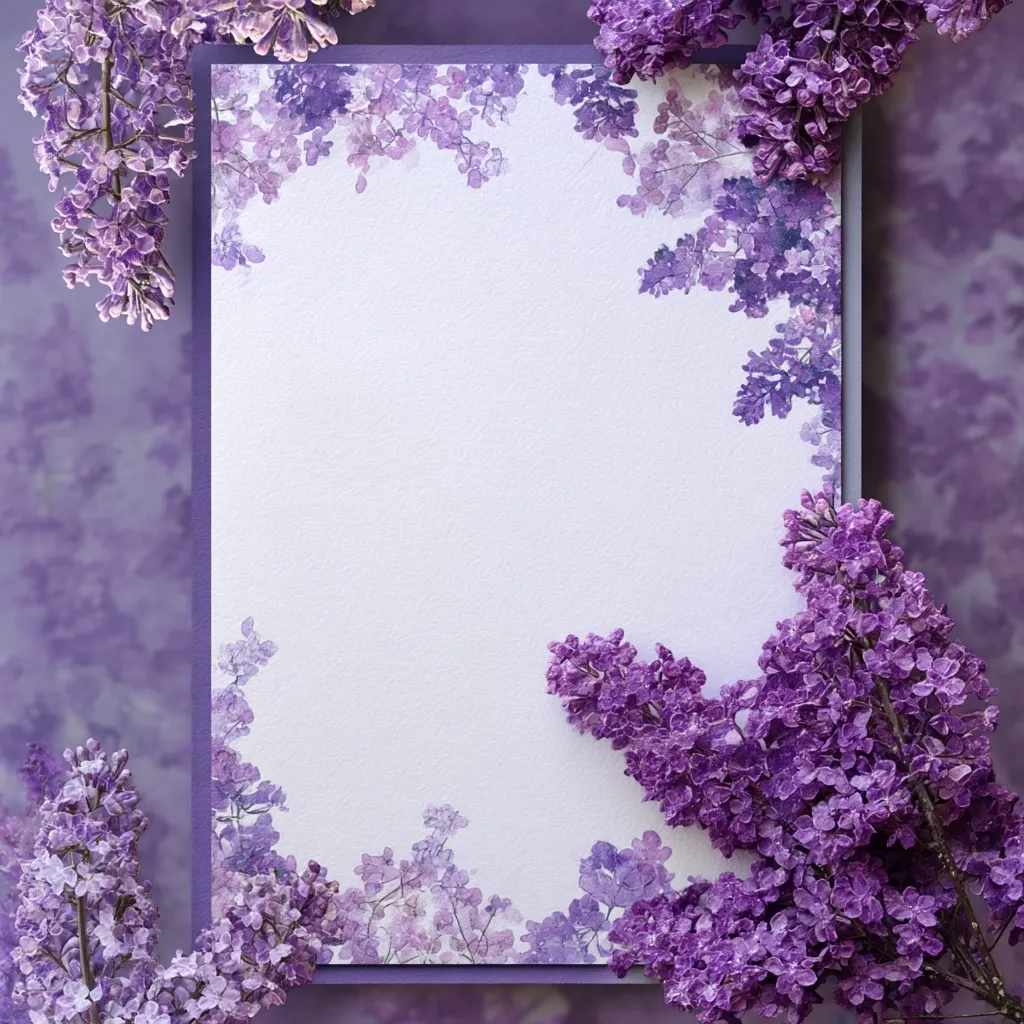 A blank, off-white card is framed by watercolor lilac blossoms.  Real lilac branches with vibrant purple blooms surround the card, creating a beautiful border. The background is a soft purple, complementing the floral theme. The image evokes a sense of springtime and elegance, perfect for invitations or announcements.